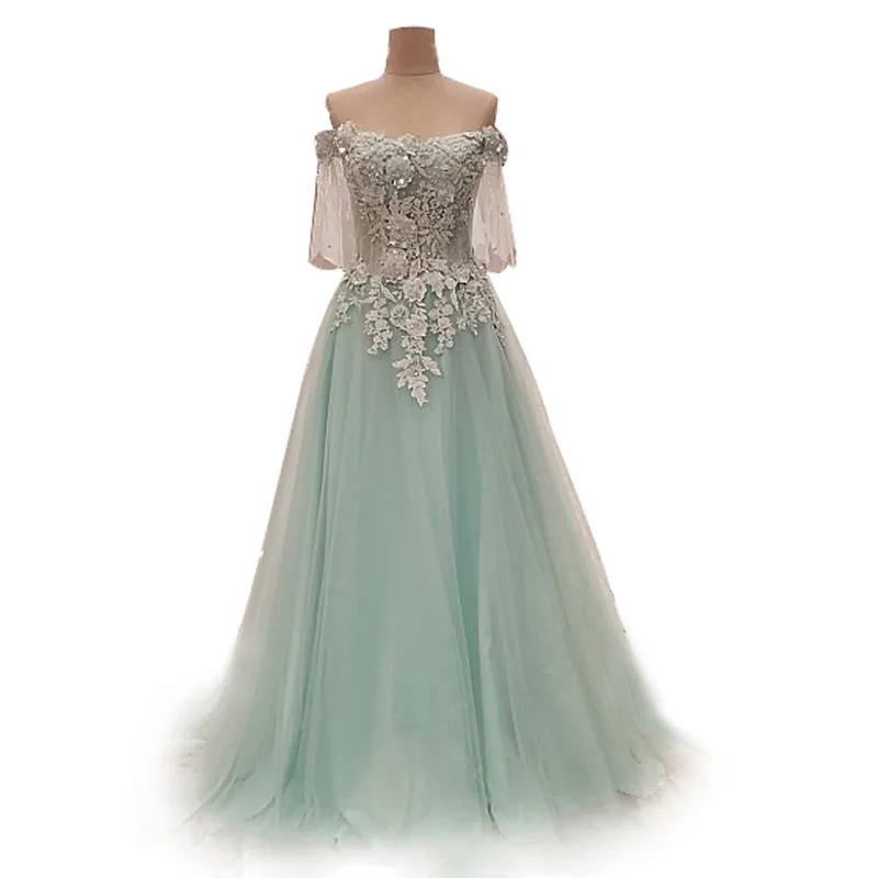 2018 Nouveau Style Tulle Robe De Mariée Bleu Ciel Clair Avec Applique Perlée La Moitié Des Manches Occasion Formelle Parti Sexy Robes De Mariée