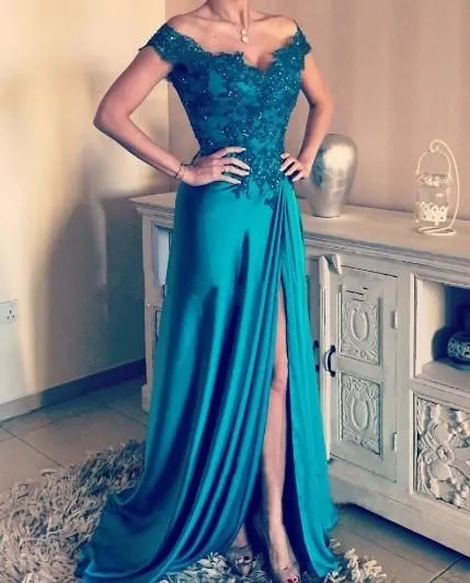 Turkusowy zielony Off Ramię Suknie Wieczorowe Aplikacje Zroszony Satin Split Side Backless Długie Suknie Wieczorowe Formalne Suknie Prom