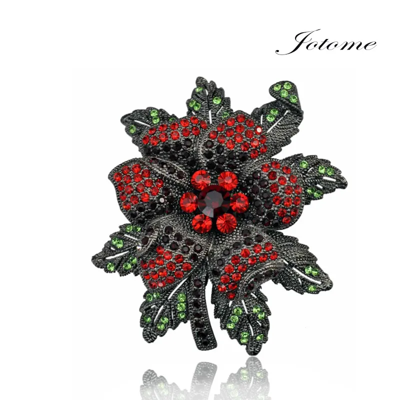 100st / Lot Rose Flower Brosch Rhinestone Crystal Metal Alloy Gun Black Plated Smycken Corsage Coat Suit Brosches Pin för kvinnor