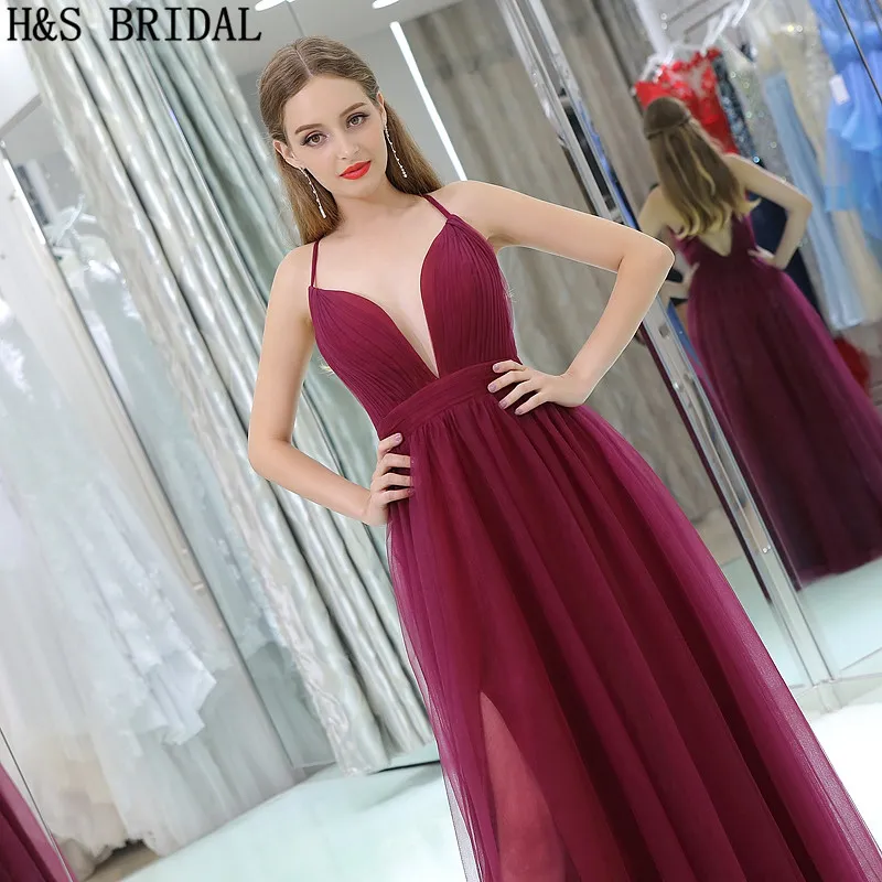 Tule Vermelho escuro Barato Vestidos de Noite Decote Em V Fina Cintas Sexy Borgonha Prom Party Vestidos B015