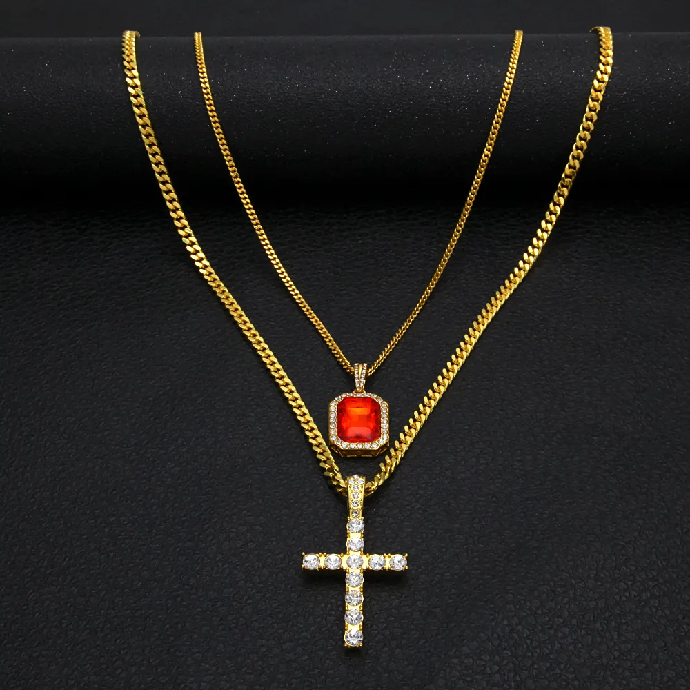 Bling Rhinestone Cross Pendant With Red Ruby Bouble Pendants Necklaces Set With 3mm&5mm Cuban Link Chain Necklace