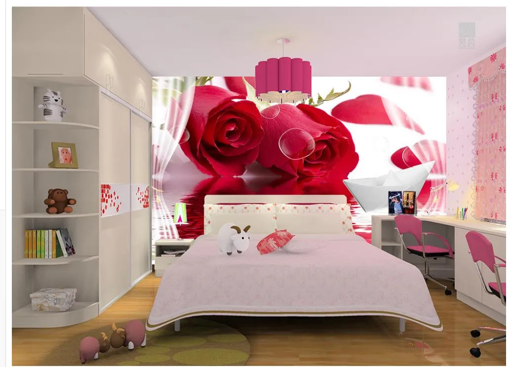 customized wallpaper for walls Beautiful modern red rose reflection paper boat 3D decorative painting background wall