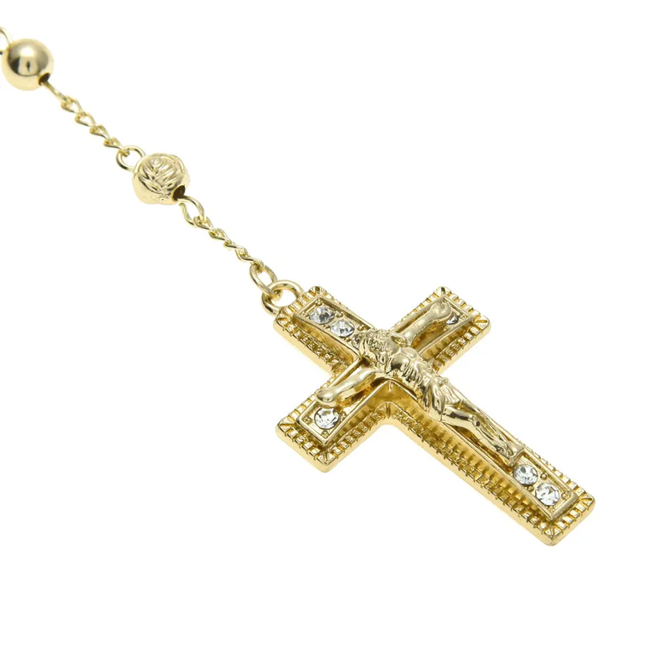 Bijoux religieux catholiques pour hommes, Style Hip Hop, couleur or, collier de perles en acier inoxydable, croix de jésus, chapelet, chaîne 259e