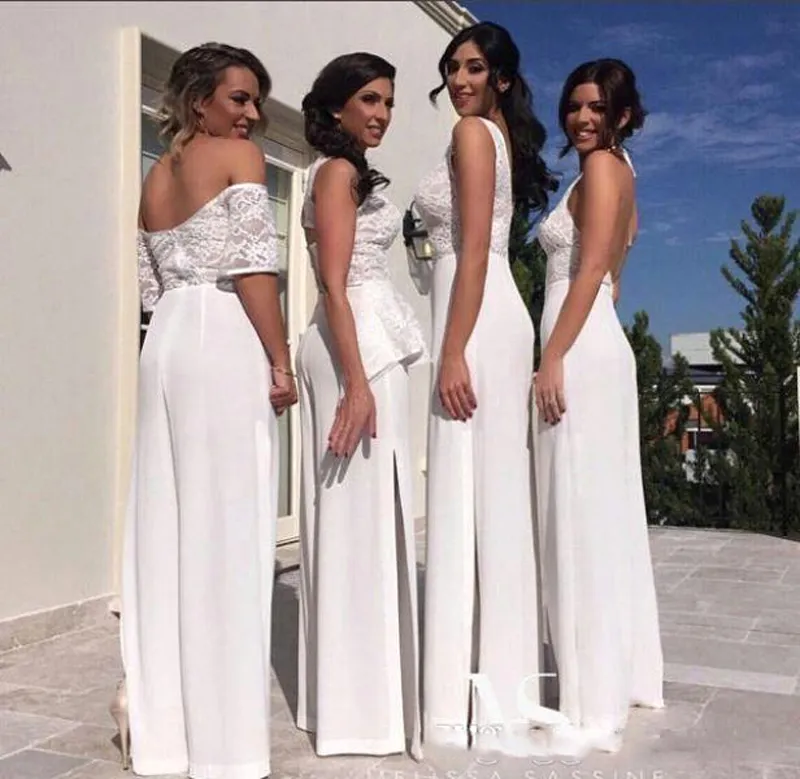 Горячая Новый V Шеи Sexy Bridesmaid Dress Брюки Костюмы Для Свадьбы Девушки Рукавов Шифон Кружева Топ Горничной Платья