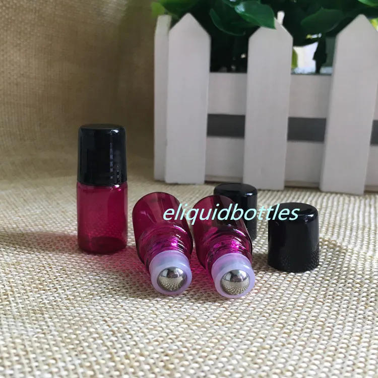 NOVO Roll On Perfume Garrafa, recarregáveis ​​2 ml de vidro vermelho Micro Mini Roll-on garrafas de vidro com metal Rolo Balls bonés pretos grátis DHL Shipping