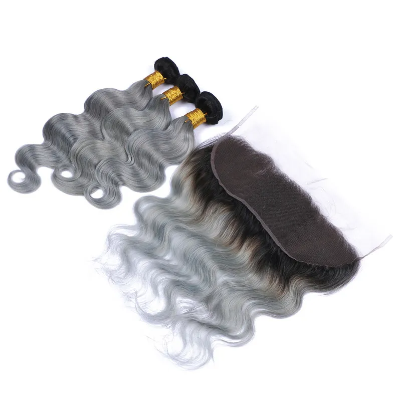 #1B/Gray Ombre Brazylijskie dziewicze włosy 3bundles z czołowymi ciemnymi korzeniami Srebrny szary ombre 13x4 koronkowy czołowy z fali ciała ludzkie włosy wątwa