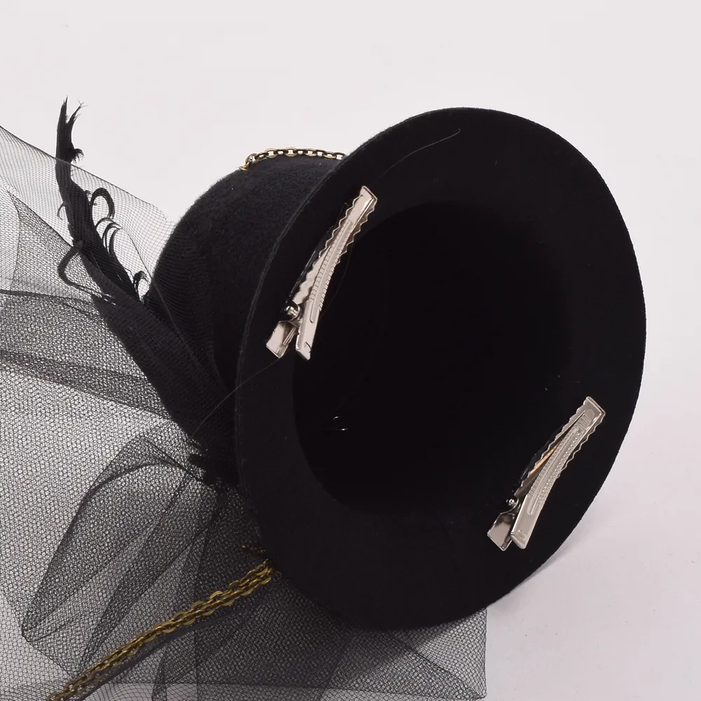 Preto gótico feminino steampunk engrenagem asas relógio borboleta min topo chapéu laço grampo de cabelo headwear cosplay acessório6828602