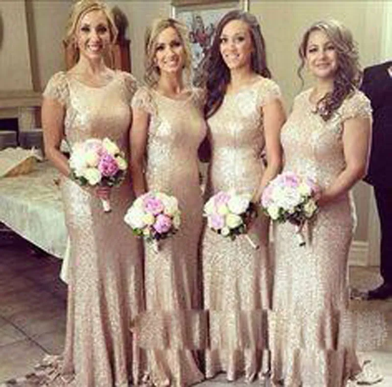 Shiny Cheap Champagne Sequins Bridesmaid Dresses With Cap Sleeves Floor Length Custom Made Plus Size Backless Bridesmaid Dress Prom Dresses