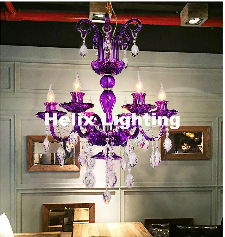 D65cm 6L Purple/Green/Blue Crystal Chandelier LED Candelabro for Coffee Shop Bar Kid Modern Led Crystal Chandelier