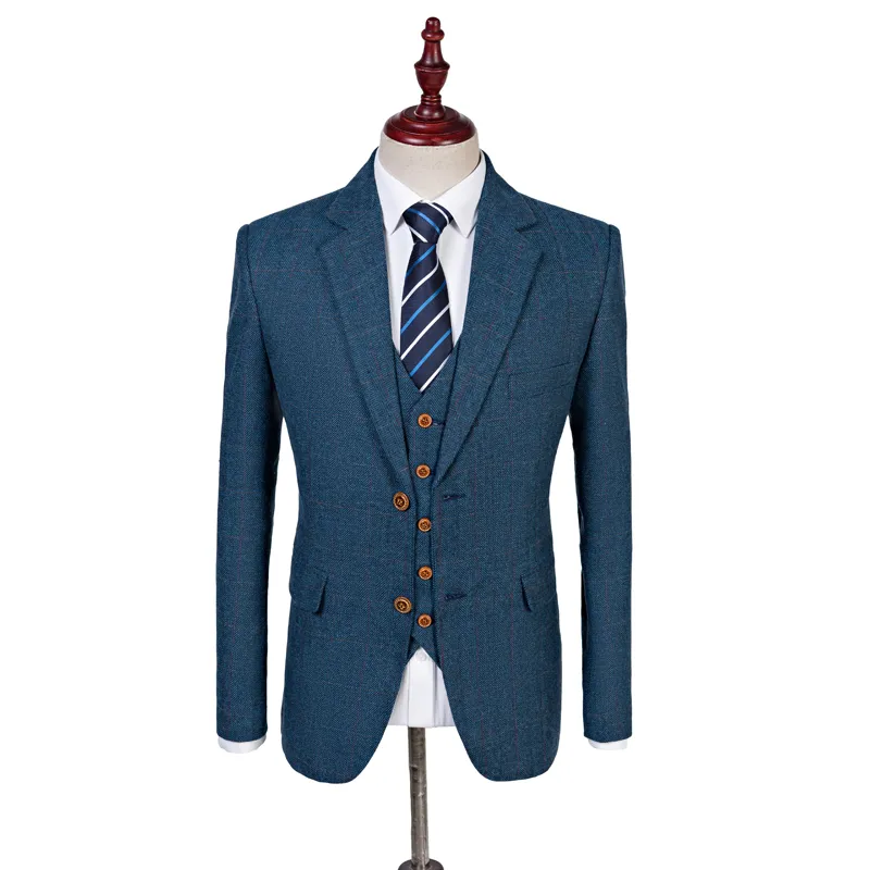 Dernier manteau pantalon conception laine bleu chevrons rétro gentleman Style hommes costumes de mariage sur mesure Blazer marié costumes pour hommes