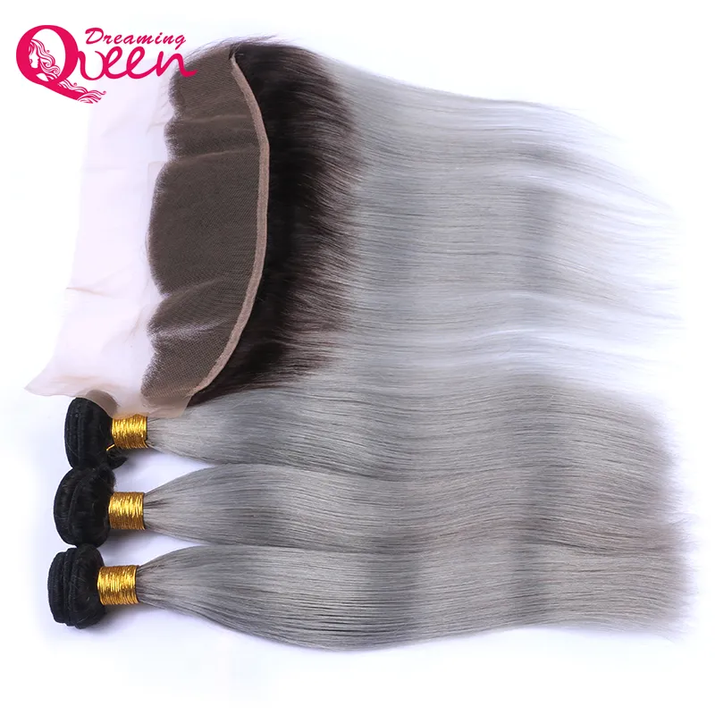 1b cinza reto ombre brasileiro virgem extensões de cabelo humano 3 pacotes com 13x4 orelha a orelha fechamento de renda com cabelo de bebê prepluck4951007