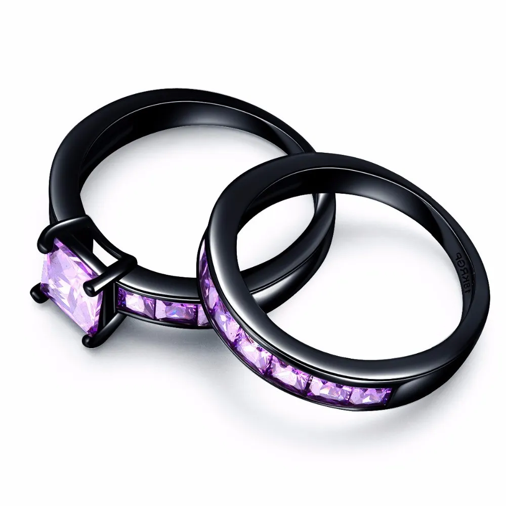 Noble violet strass carré CZ Zircon couple anneaux ensemble noir 18K or rempli alliance de mariage pour les femmes 5857539