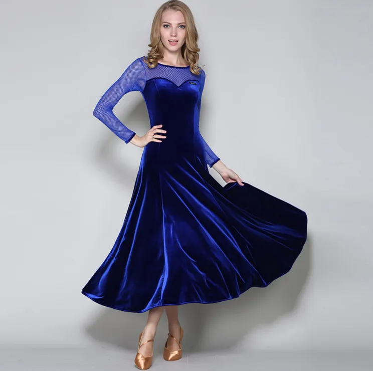 2017Sexy Mesh Stitching Modern Dance Dress Velvet Waltz Tango Foxtrot ...