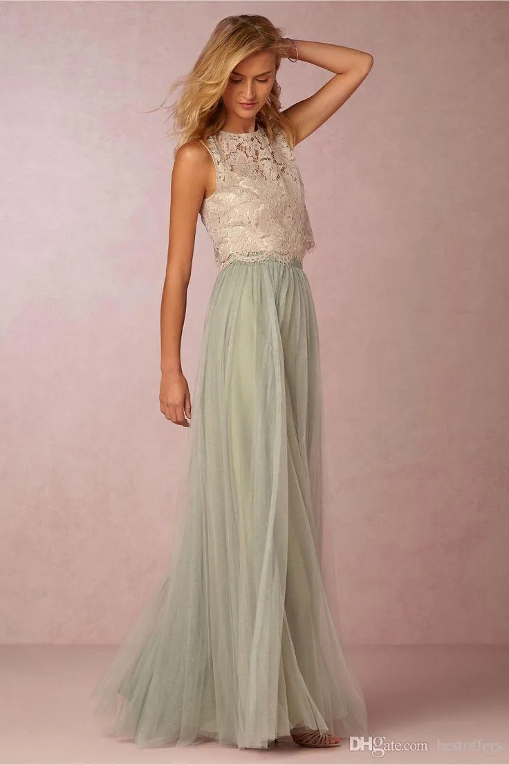 Vintage Two Pieces Crop Top Bridesmaid Dresses Tulle Ruched Bourgogne Blush Mint Grey Maid of Honor Gowns Lace Wedding Party Dresse6801249