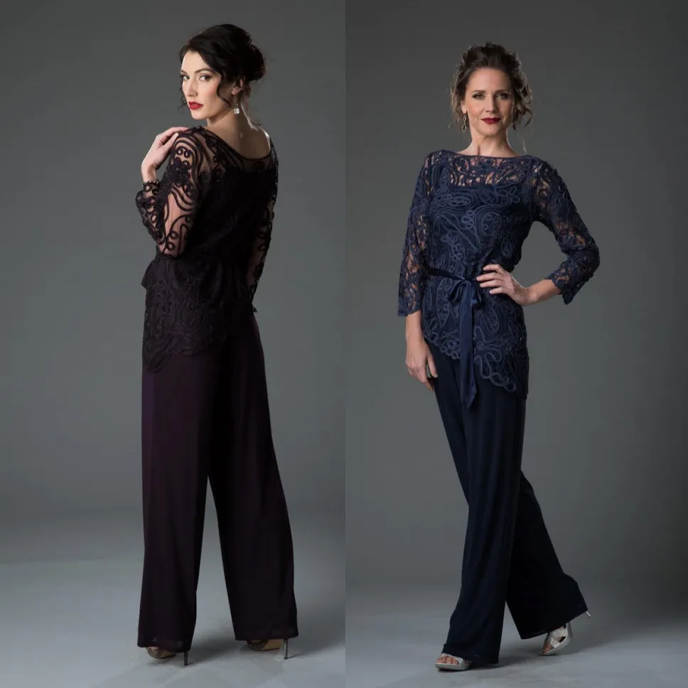 Abito per la madre della sposa in pizzo blu navy Abito pantalone trasparente con scollo a barchetta Abito per invitati a due pezzi Abiti da sposo per la mamma in chiffon taglie forti