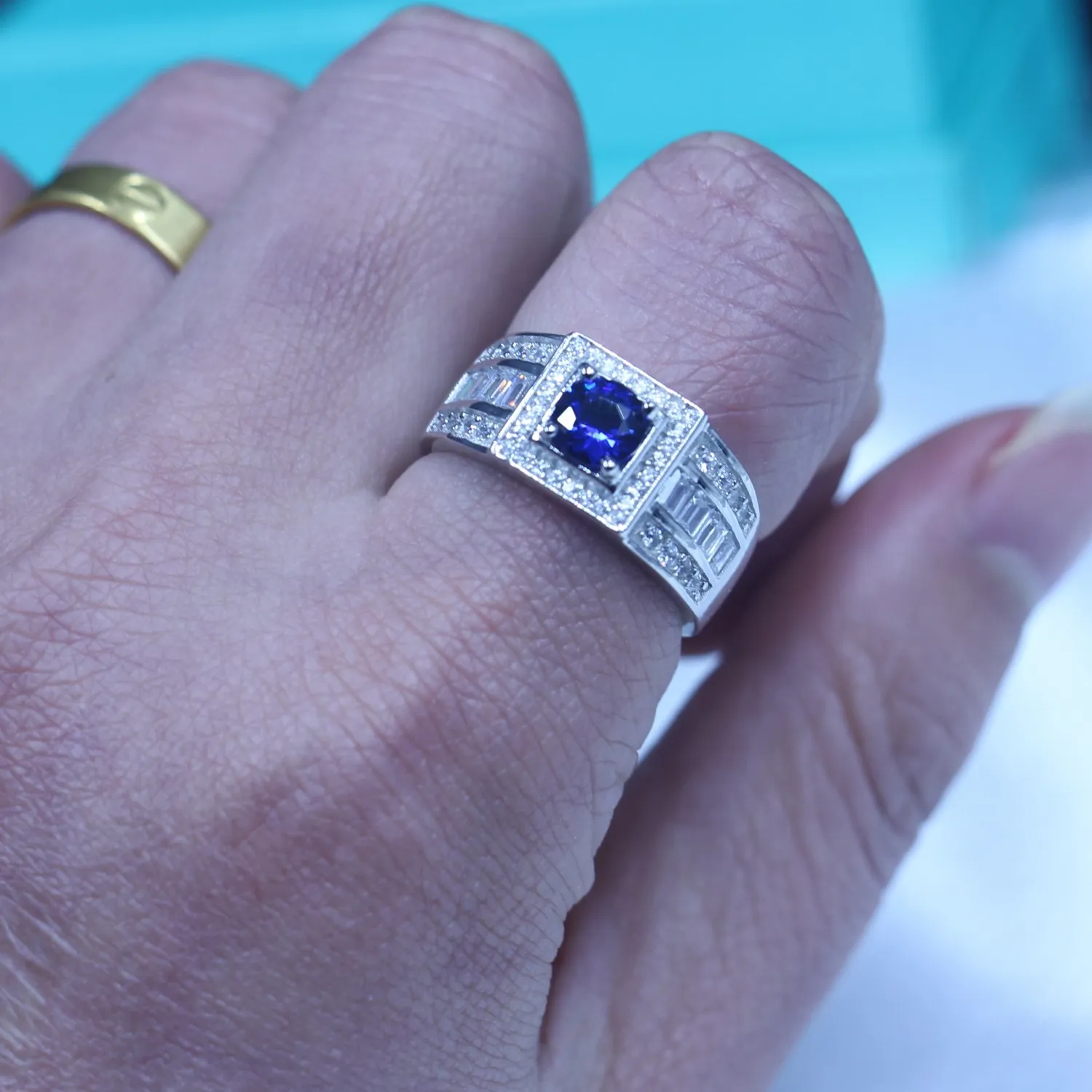 Real Soild 925 anelli di fede nuziale in argento sterling gli uomini 1ct blu tanzanite Cz anello di barretta del partito maschile gioielleria raffinata