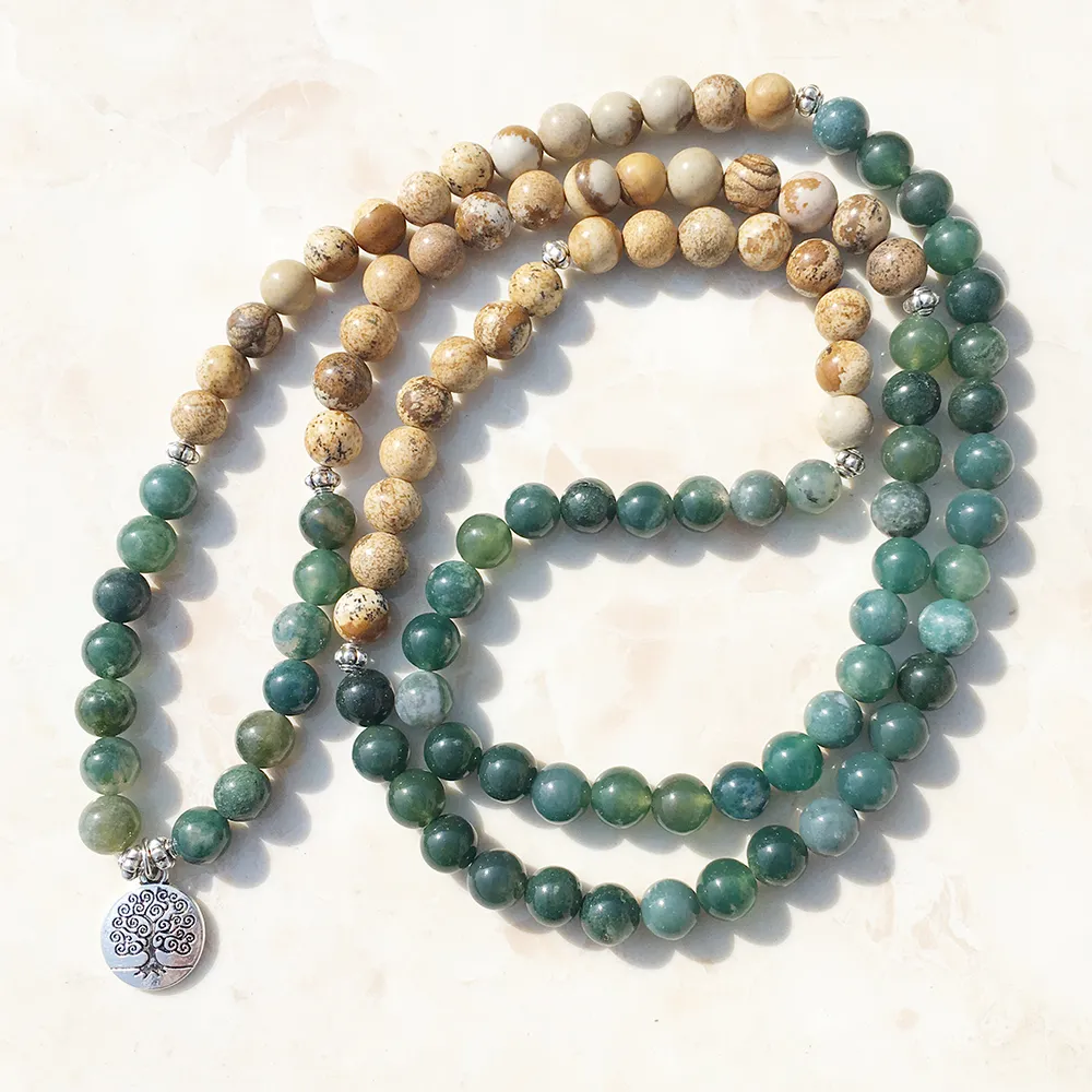 SN1005 Moss Agate Picture Jasper 108 Mala Beads Yoga Collana Albero della vita Mala Wrap Bracciale Tutto sulla natura e gioielli la meditazione