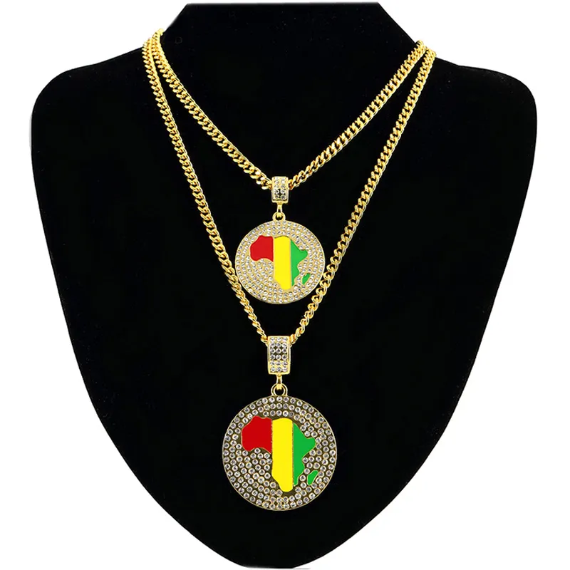Collana con mappa africana colorata alla moda, ciondolo rotondo con strass di cristallo, catena placcata oro 18 carati, collane lunghe, gioielli feste
