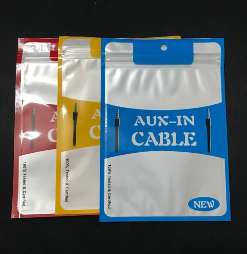 Hot 10 cm * 15 cm blu rosso linea AUX-in borse con Hang Hole Zipper imballaggio al dettaglio in plastica Poly Bag cavo AUX audio 1M 1.5M