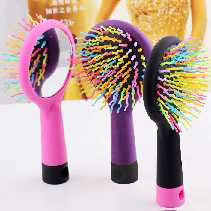 Mode bärbar kamborste med smink spegel regnbåge färg hårkam torr hår borste hårstyling verktyg 5 st parti p004346h