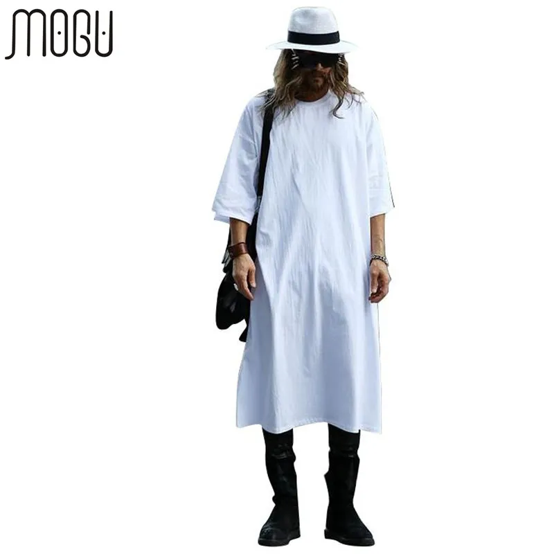 Wholesale- MOGU Extra Long Tee Shirts For Men O-Neck Extra Long Line Tops Tees Solid White Color T-shirt Men Big Size Men T Shirts