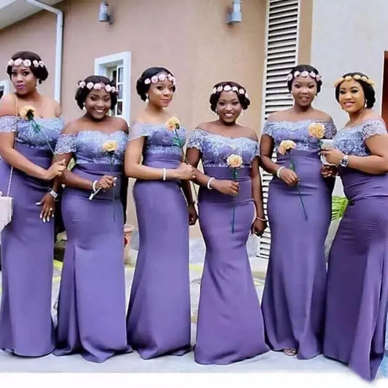 2018 style africain nigérian lavande violet satin sirène robes de demoiselle d'honneur longue épaule dentelle demoiselle d'honneur robes plus la taille EN10208