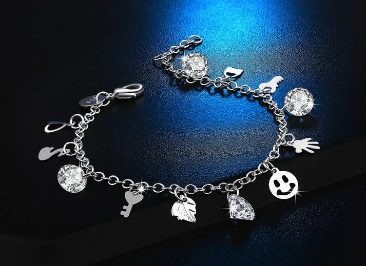 Bracelet à breloques en argent 925 à la mode visage souriant libellule serrure clé feuille de palmier cygne coeur treize étiquette pendentif Bracelet