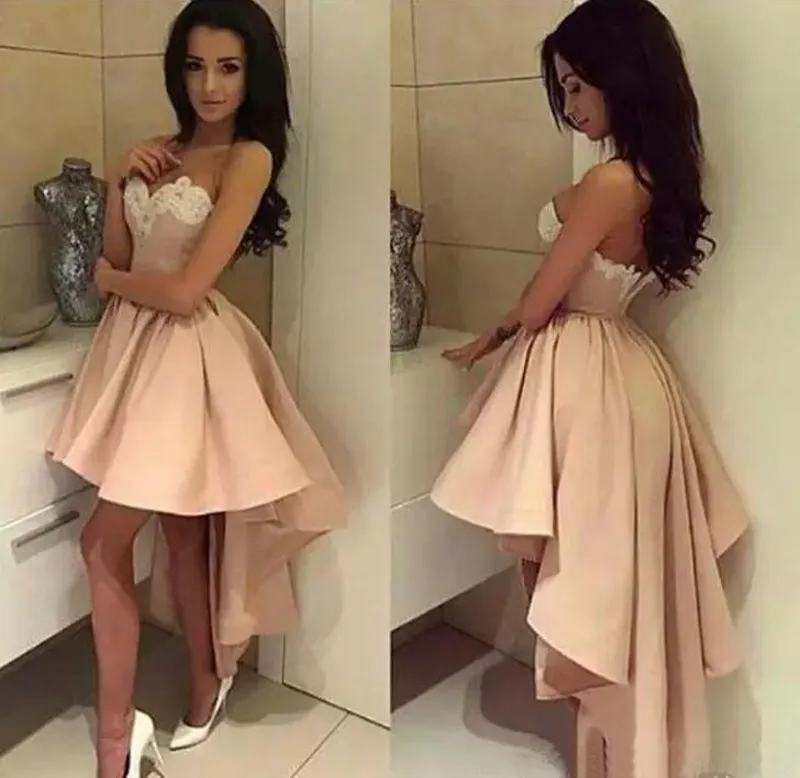 Modest 2017 Pêssego Rosa Curto Alta Baixa Vestidos de Baile Baratos Marfim Laço Sweetheart Ruched Vestidos de Festa de Férias Feito Sob Encomenda China EN10136