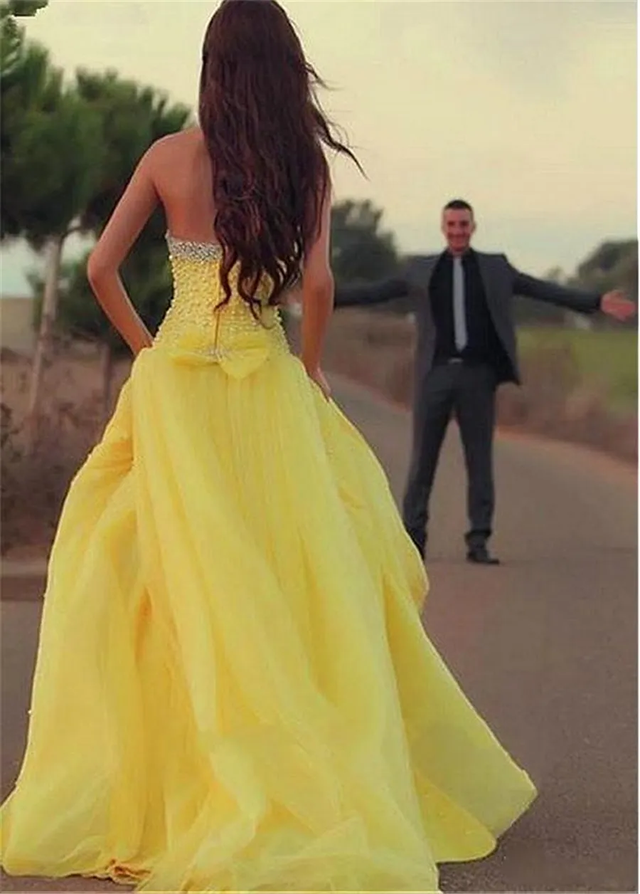 Customized Made Sweetheart Neckline Mermaid Evening Dresses With Beads Yellow Pearls Beading Prom Dress vestidos para festa6075939