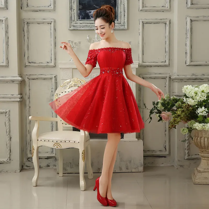 New Red Evening Dresses with Short Sleeve Elegant Girls Women Bride Gown Fashion Off the Shoulder Ball Prom Party Graduation Formal Dress