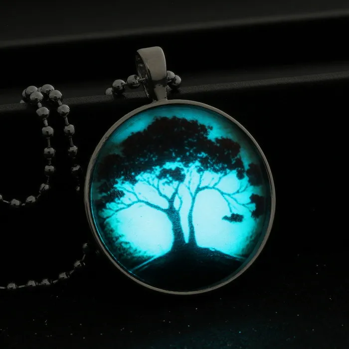 Оптово-дерево Жизнь Стекло Светящиеся кулон Ожерелье Свечение в темном ожерелье из нержавеющей стали Световенный стеклянный кабошон
