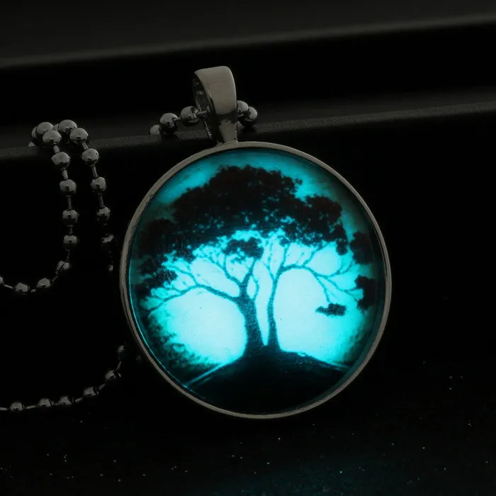 Groothandel-tree of life glas gloeiende hanger ketting gloed in de donkere ketting roestvrij staal lange ketting lichtgevende glazen cabochon