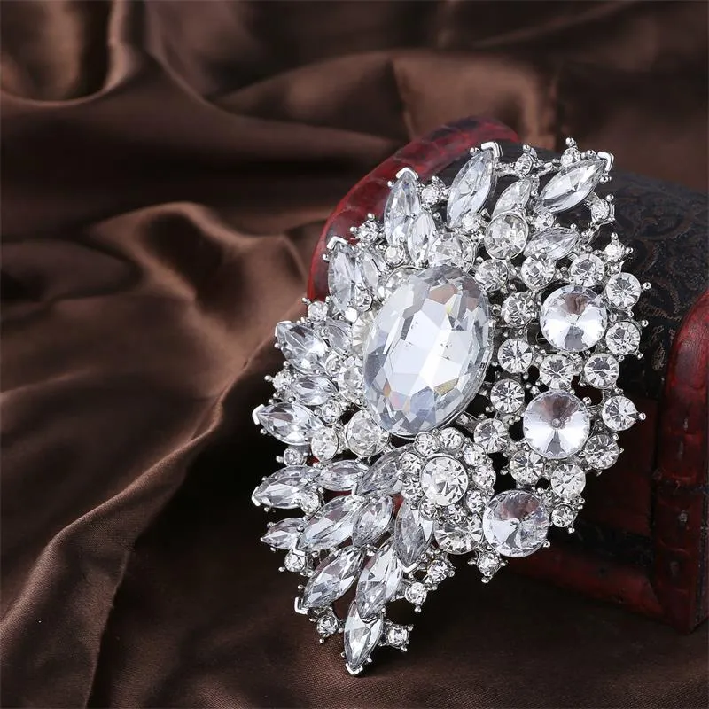 Duży Broszka Bukiet Świecący Silver Boutonniere Corsage Kryształ Rhinestone Klamra Kwiat Pin Austriacki Kryształ Ślub Big Brooch Pin Biżuteria