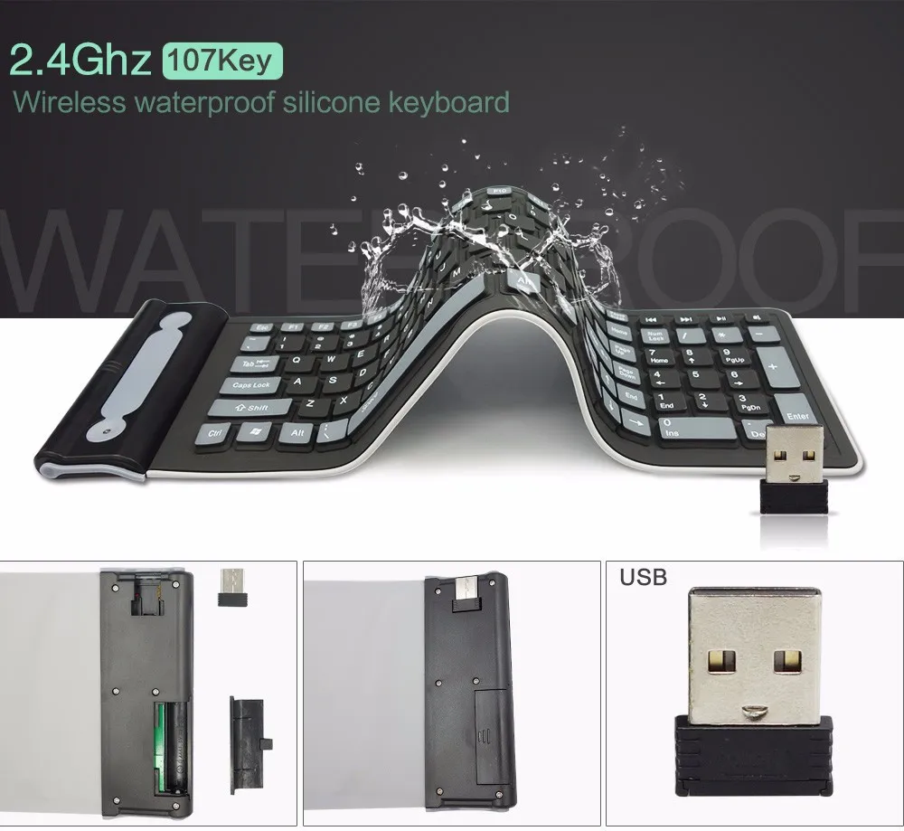 Teclado suave de silicona inalámbrico portátil de 2,4G, teclado plegable Flexible impermeable de 107 teclas, teclado de goma de bolsillo para PC y portátiles