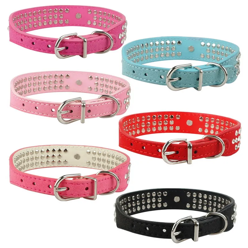 6 Cores misturadas Brand New Suede Couro Colares Colares 3 Fileiras Rhinestone Cão Collar Diamante Cute Pet Colares 100% Qualidade 4 Tamanhos 4