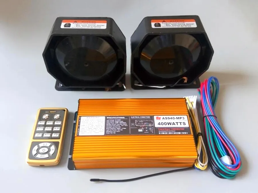 PS940-MP3 Amplificadores de alarma de coche para ambulancia, sirena de policía, control inalámbrico, 400W, con función Mp3, mando a distancia + 2 unidades de altavoces de 200W