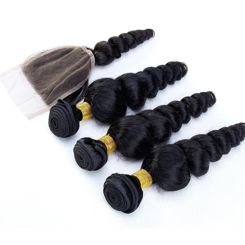 Brazilain Virgin Hair Loose Wave Mänskliga buntar med stängning Billiga Human Hair Weft Weave Extensions med stängning Naturliga Färg Hårförsäljare