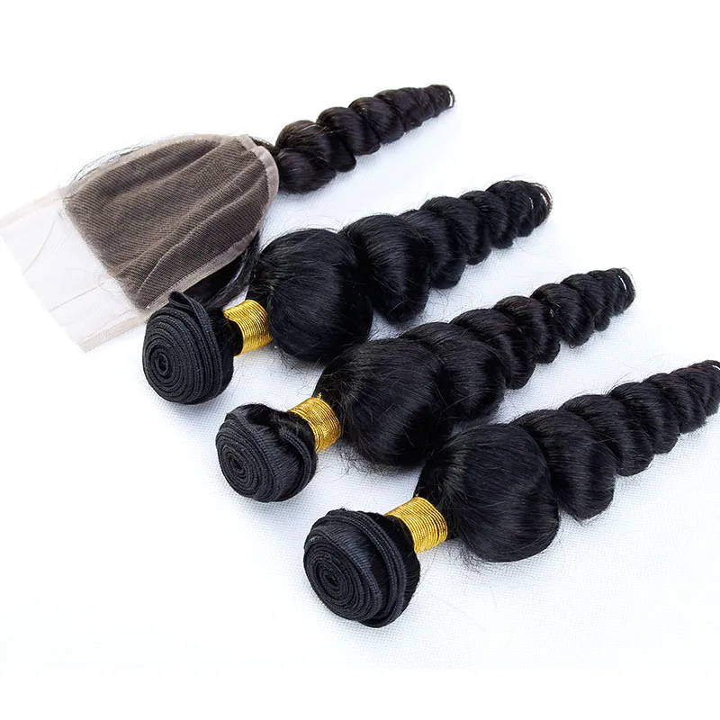 Brazilain Virgin Hair Losse Golf Menselijke Bundels met Sluiting Goedkope Menselijke Haar Weefs Weave Extensions met Sluiting Natuurlijke Kleur Haarverkopers