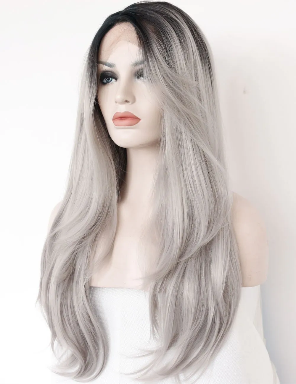 Ombre Grey 2 Tones Синтетические кружевы переднее парик темные корни Длинные натуральные прямые серебряные серебряные парики волос для женщин нагревать RESI5468640