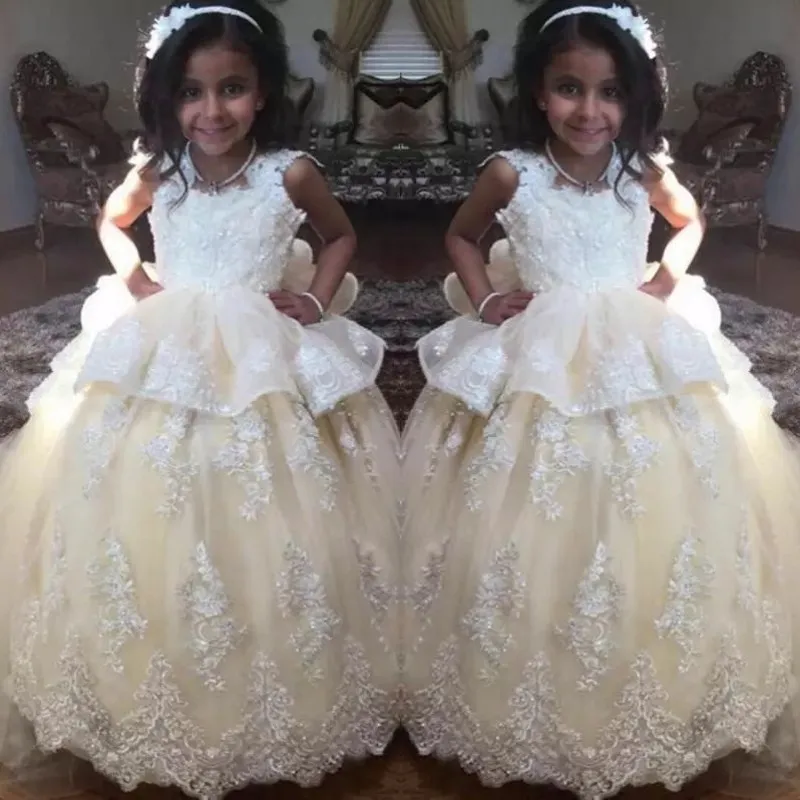 Splendido abito da compleanno per piccole principesse con applicazioni di pizzo, tulle, lunghezza del pavimento, ragazze di fiori, abito da prima comunione tutu nuovo arrivo