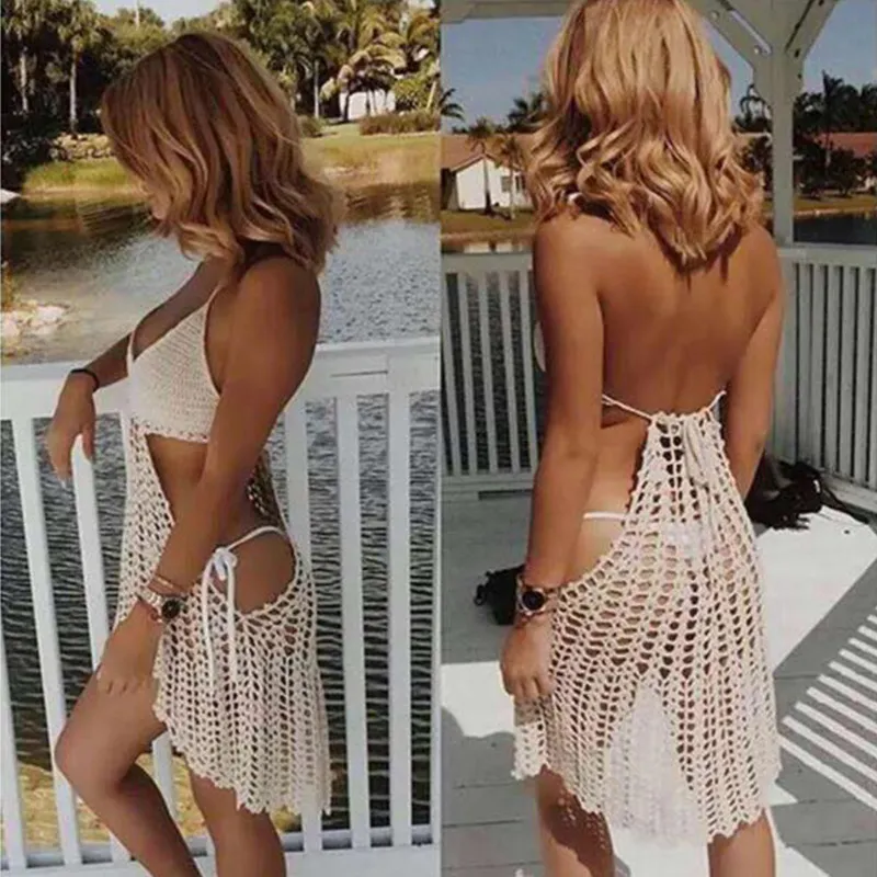 Traje de baño bikini beach cover ups arnés vestidos halter mano crochet sexy una pieza traje de baño ahueca hacia fuera traje de baño negro cubrir para mujeres