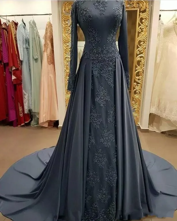 Szary Muzułmańska Skromna Formalna Suknia Wieczorowa Z Długim Rękawami Wysokiej szyi Koronki Prom Dresses Vintage Arabski Długi Moda Nosić Vestido De Festa