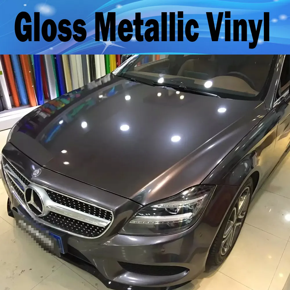 Gunmetal Metallic Gloss Grey Vinyl Car Wrap Film med Air Release Antrazit Glossy Grey Candy Car som täcker klistermärken Storlek: 1,52*20M/ 5x67ft