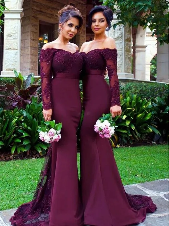 2017 Lace Satin Bridesmaid Dresses Illusion Långärmad Main of Honor Mermaid Off The Shoulder Custom Made Wedding Party Gowns