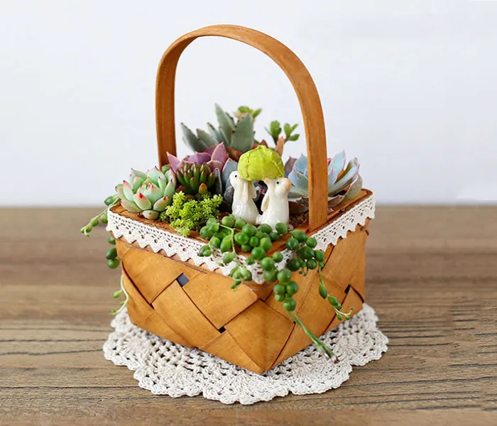 6PCS- PACK Country Style Vintage Wood Garden Flower Planter Crate Succulent Square Plant Desktop Storage Box Pot With Handle