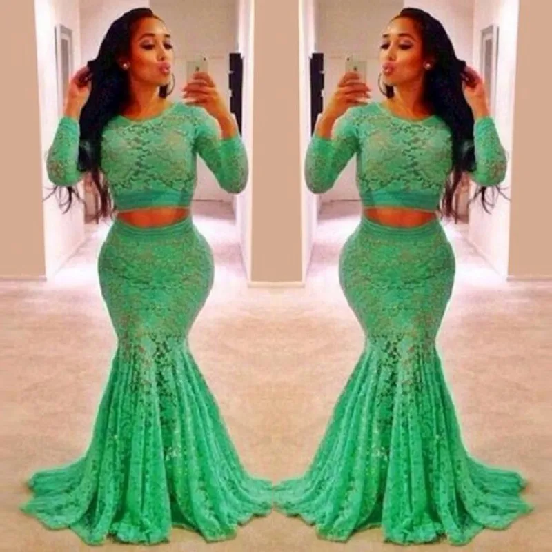 Green Lace Two Pieces Prom Dresses With Long Sleeves South African Plus Size Mermaid Evening Gowns Floor Length Women Formal Wear