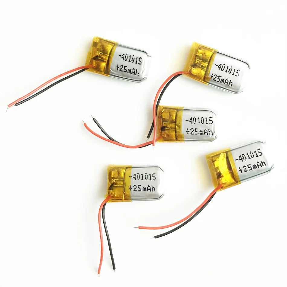 Wholesale 3.7V 25mAh 401015 Lithium Polymer LiPo Rechargeable Battery cells Power For Mp3 Mp4 PAD DVD DIY E-books bluetooth headphone