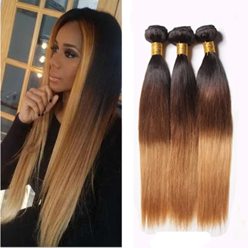 1B 4 27 Honey Blonde Ombre Peruwiańskie Dziewicze Włosiane Wiązki 3 SZTUK Lot Jedwab Prosty Peruium Trzy Tone Ombre Ludzkie Włosy Splot