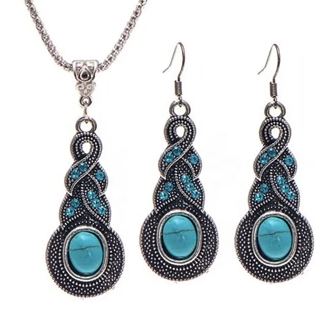 Pendientes bohemio conjunto de joyas patrón Retro azul cristal joyas turquesa collar Pendientes conjunto de joyas femenino libre shipong whoelsale