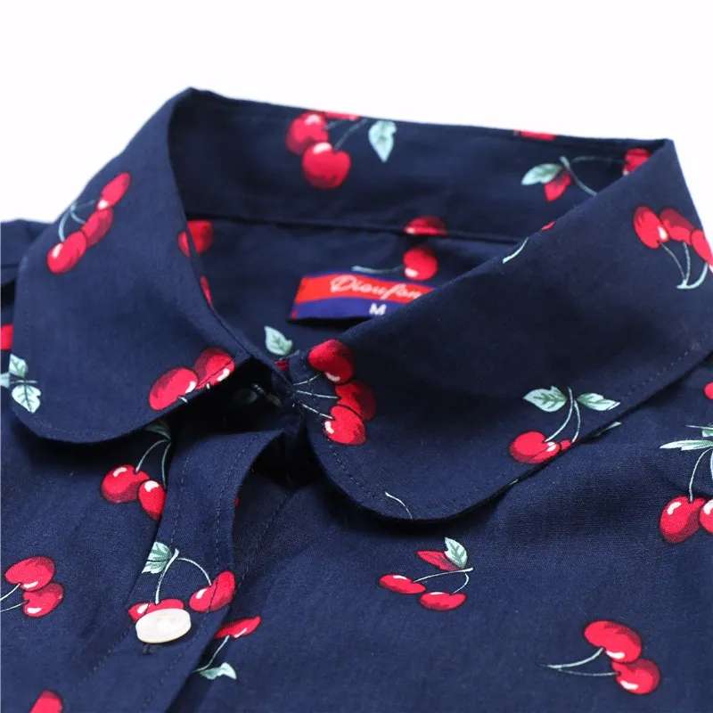 Damblusar Skjortor Blommig långärmad vintageblus Cherry Turn Down-krage Blusas Feminino Dam Toppar Mode1